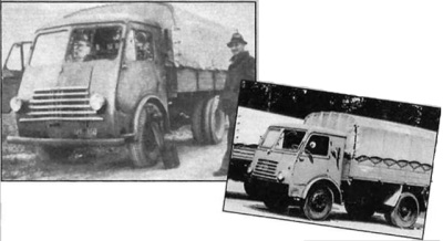 inż.Aleksander Rummel przy prototypie Stara w 1948 roku.Poniżej seryjny Star 20 Pierwsze cięzarówki